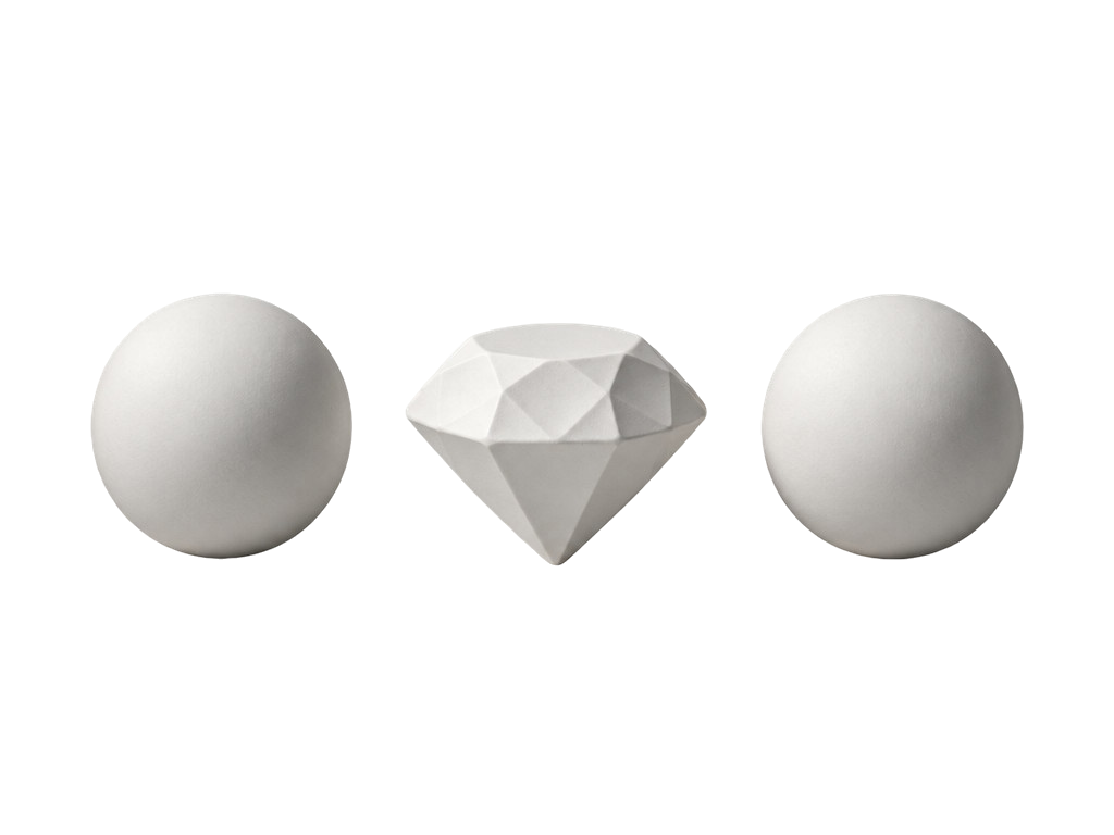 Illustration 3D : un diamant entre deux sphères qui représente l'unicité